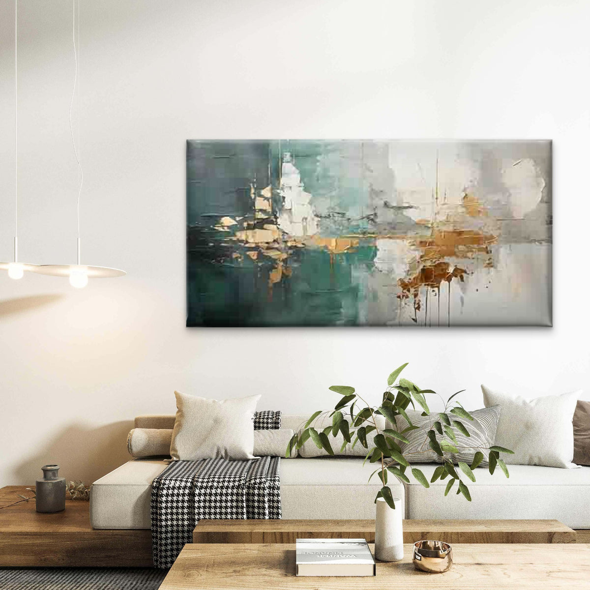 Teal, White & Golden Abstract Wall Art Canvas Office Home Room Framed 120x60cm
