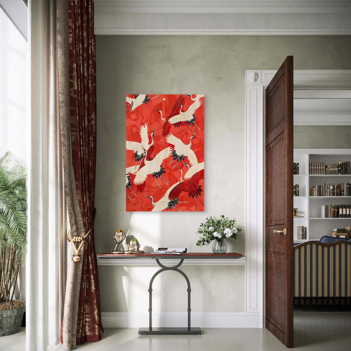 Elegant Artwork Featuring Red Cranes Metal Print Ready to Hang