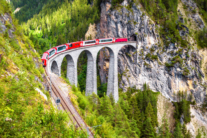 Train On Railway High Bridge In Mountains Glass Framed Wall Art, Ready to Hang Quality Print