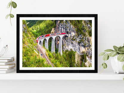 Train On Railway High Bridge In Mountains Glass Framed Wall Art, Ready to Hang Quality Print With White Border Black