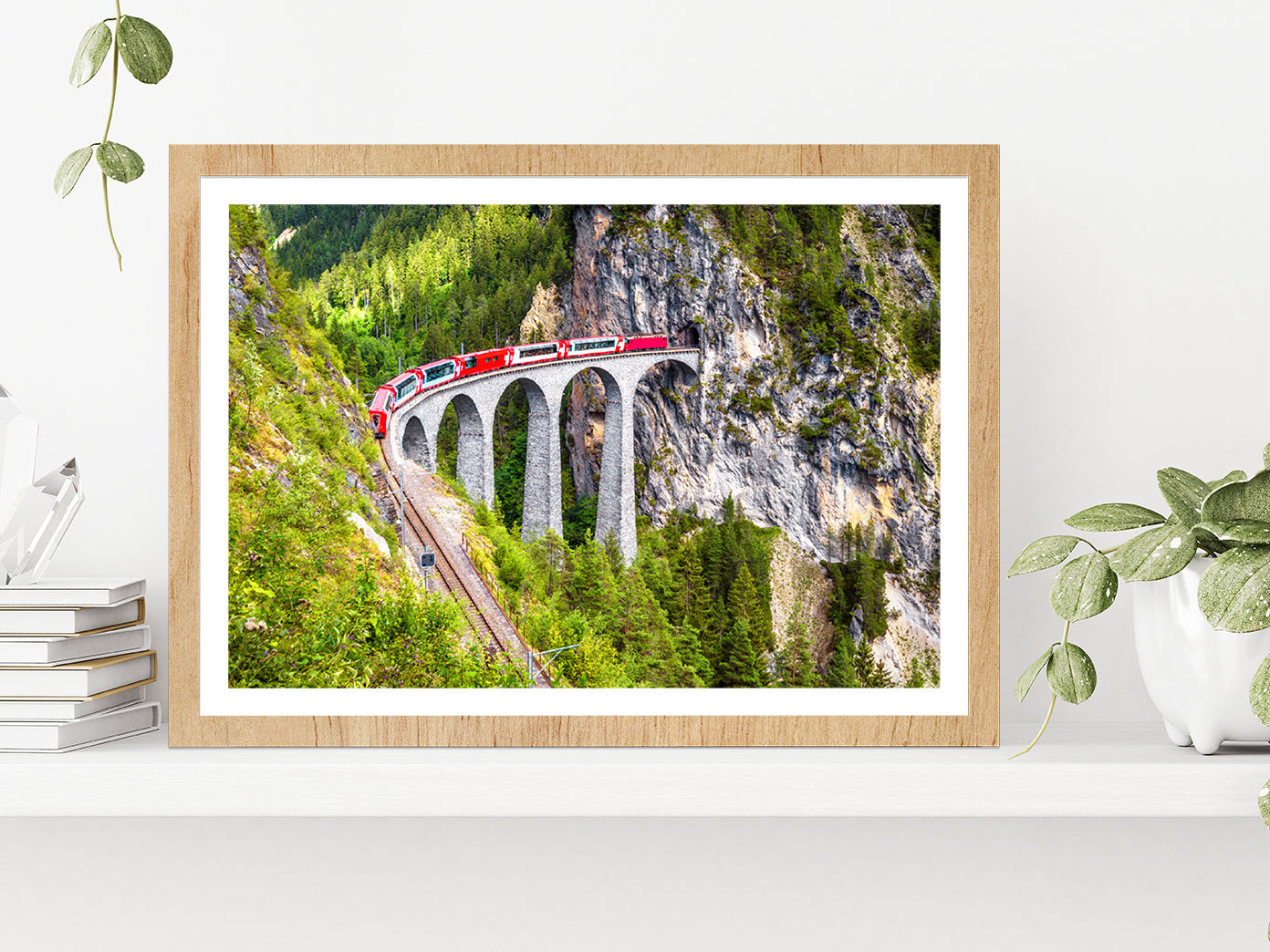 Train On Railway High Bridge In Mountains Glass Framed Wall Art, Ready to Hang Quality Print With White Border Oak