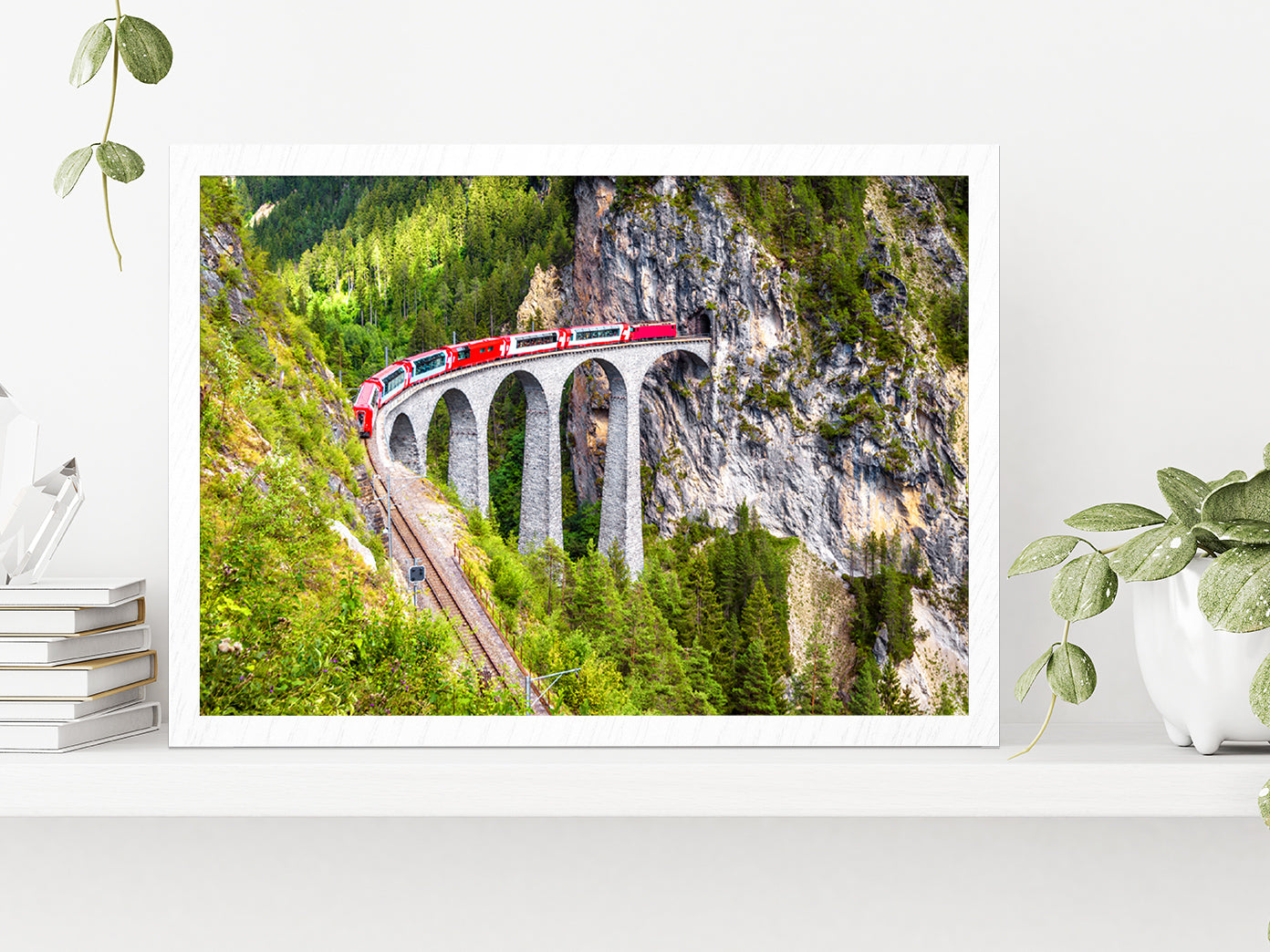 Train On Railway High Bridge In Mountains Glass Framed Wall Art, Ready to Hang Quality Print Without White Border White