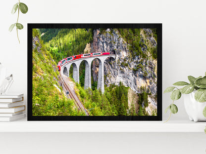 Train On Railway High Bridge In Mountains Glass Framed Wall Art, Ready to Hang Quality Print Without White Border Black