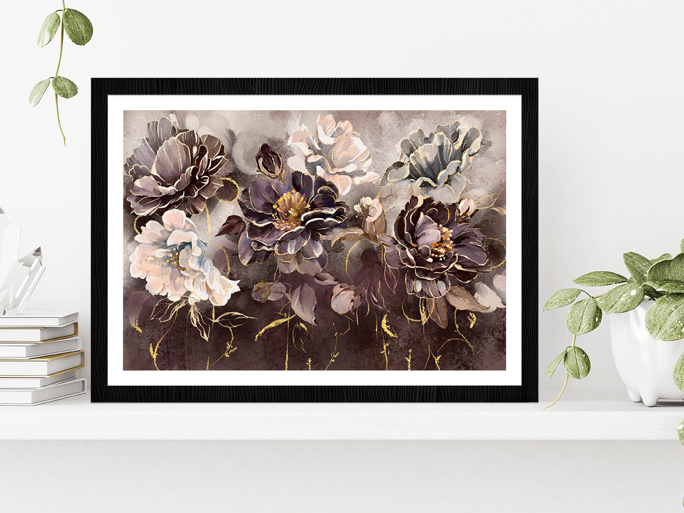 Flower Rose Leaves Botanic paint Glass Framed Wall Art, Ready to Hang Quality Print With White Border Black