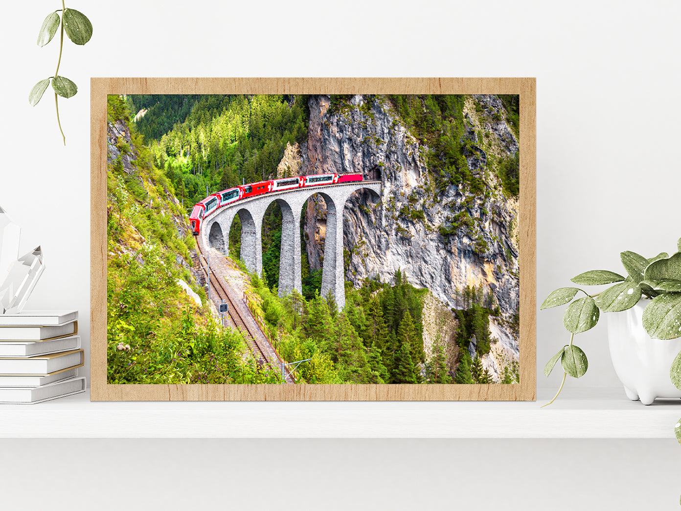 Train On Railway High Bridge In Mountains Glass Framed Wall Art, Ready to Hang Quality Print Without White Border Oak