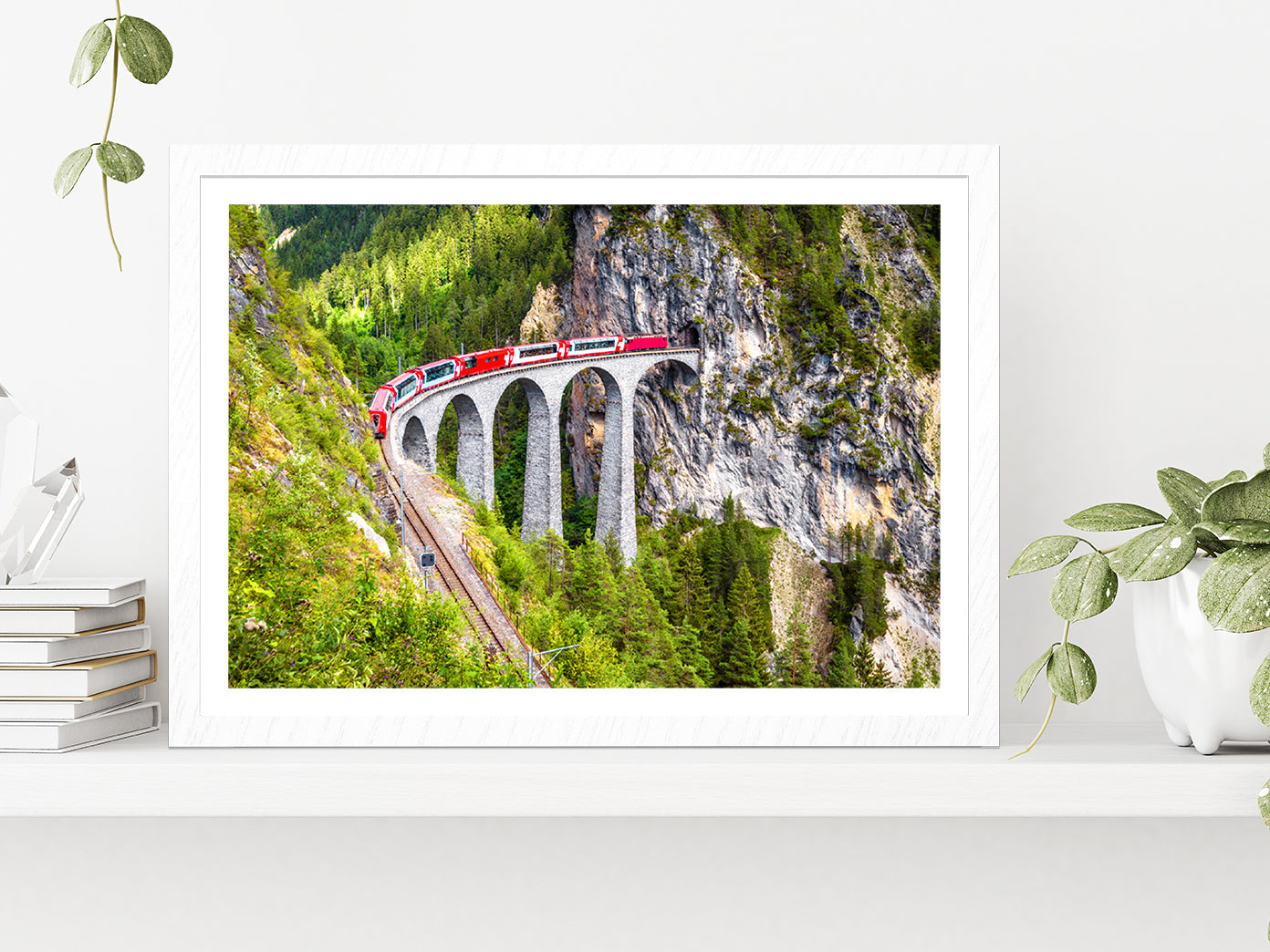 Train On Railway High Bridge In Mountains Glass Framed Wall Art, Ready to Hang Quality Print With White Border White