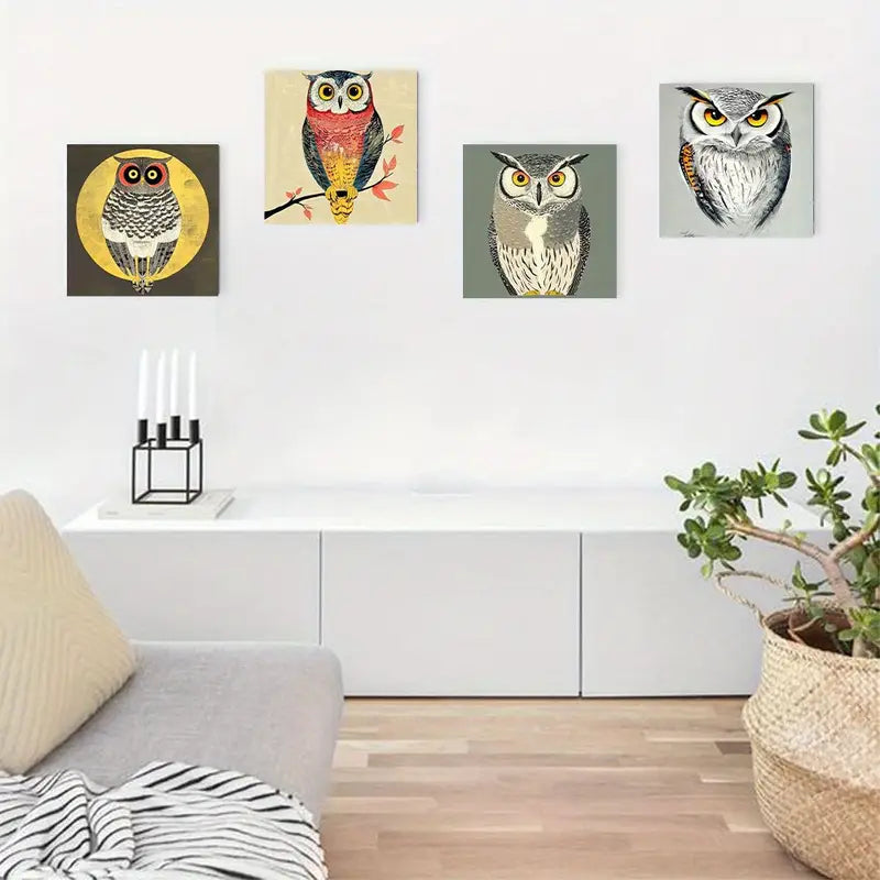 4pcs Abstract Owl Whimsical Wall Art Canvas Framed