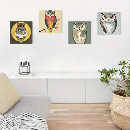 4pcs Abstract Owl Whimsical Wall Art Canvas Framed