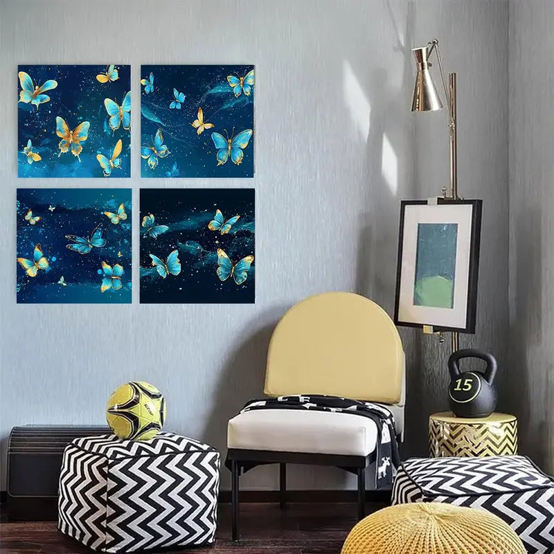 4pcs    Blue & Golden Butterflies in Starry hg    Wall Art Canvas Framed
