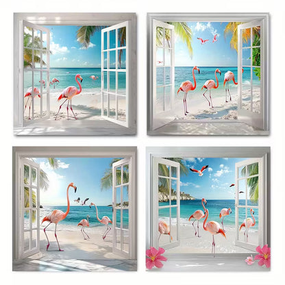 4pcs  Flamingo Beach Tropical Palm Coast Ocea Wall Art Canvas Framed