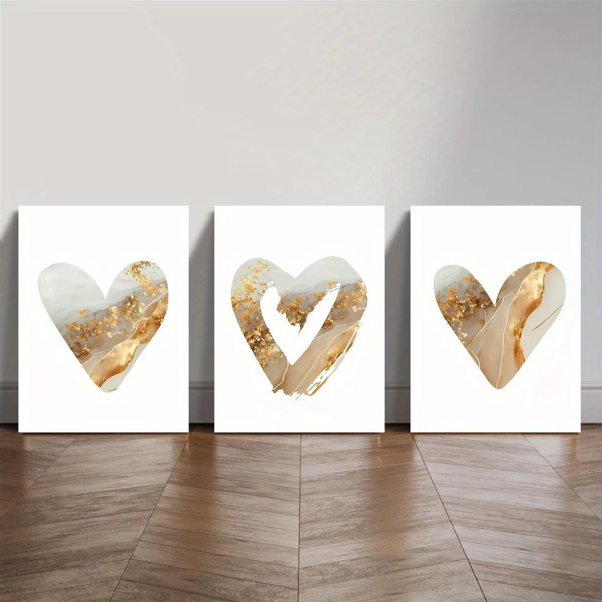 3pcs Beige And Golden Theme, Heart Motifs, Golden Accents Metal Print Ready to Hang Art