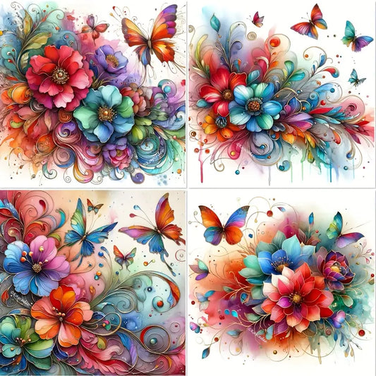 4pcs  Red & Blue Butterfly Flower Wall Art Canvas Framed