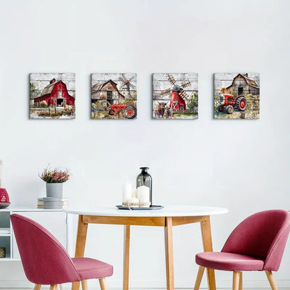 4pcsWatercolor Cattle, Horses, Windmill & Tractor Wall Art Canvas Framed