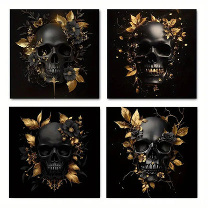 4pcs Skull and Golden Floral Themed SG   Wall Art Canvas Framed