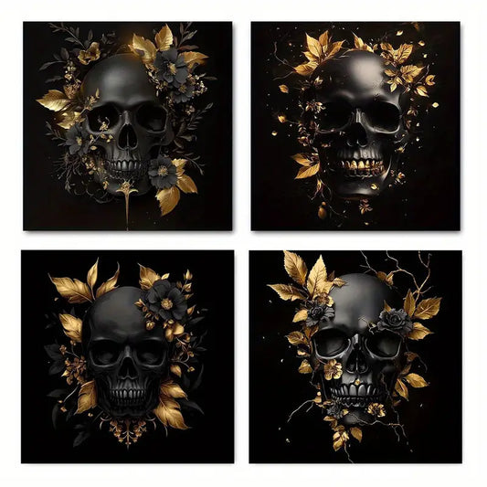 4pcs Skull and Golden Floral Themed SG   Wall Art Canvas Framed