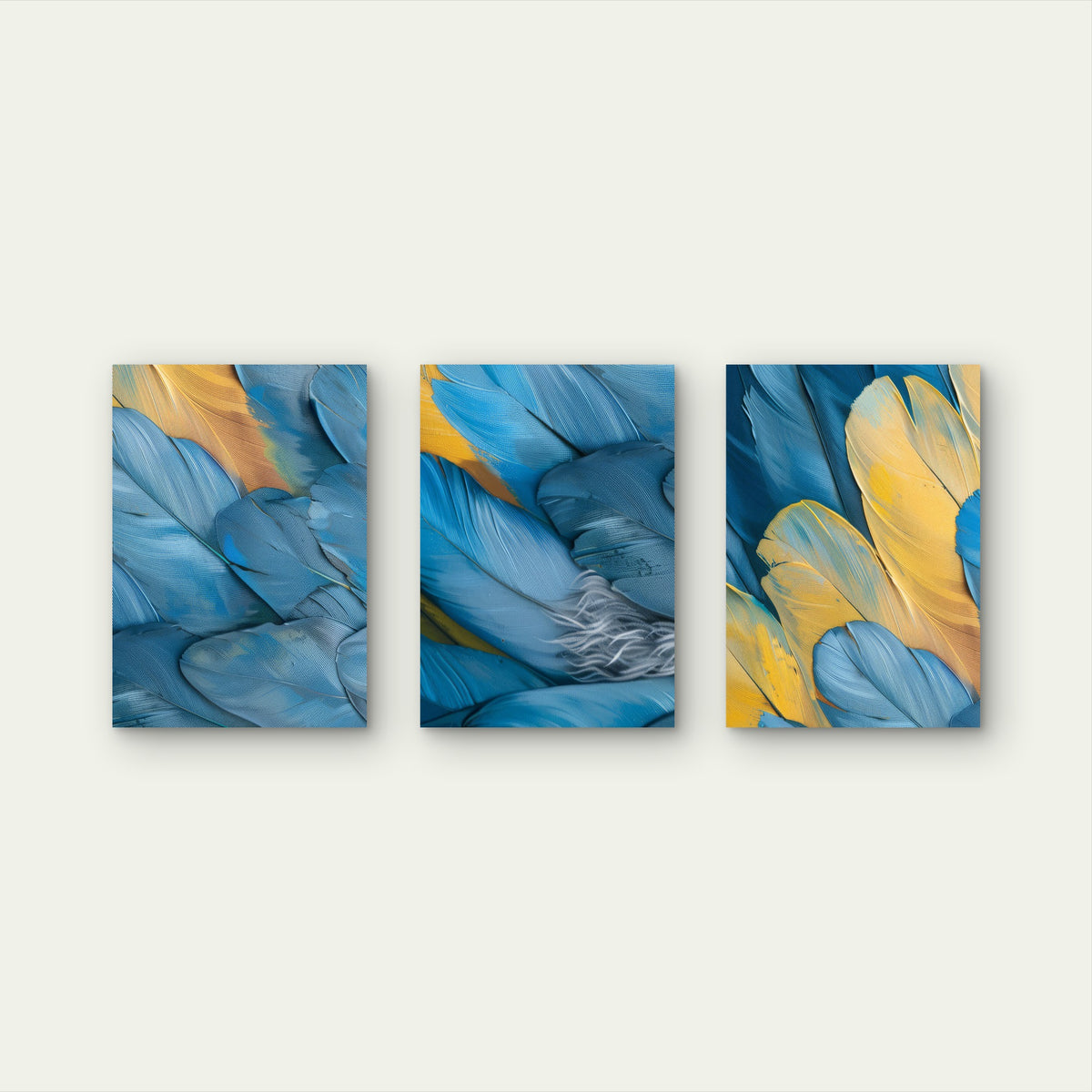 3pcs Modern Teal Blue Yellow Macaw Feather Wall Art Set Canvas Framed 40x60cm - High Quality Print 100% Australian Made Wall Canvas Ready to Hang