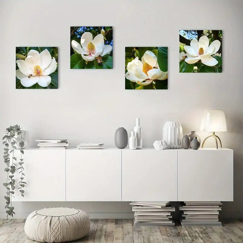 4pcs Magnolia Flowe Vintage Abstract  Wall Art Canvas Framed