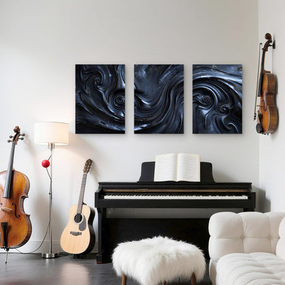 3pcs Abstract Swirling With Black Liquid Metal Print Ready to Hang Art