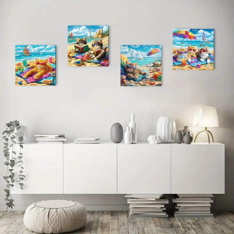 4pcs Kittens in Fashion Glasses  Wall Art Canvas Framed