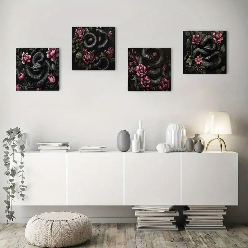 4pcs  Black snake flowe Elegant Modern   Wall Art Canvas Framed