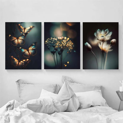3pcs Abstract Flowers & Glowing Butterflies Metal Print Ready to Hang Art