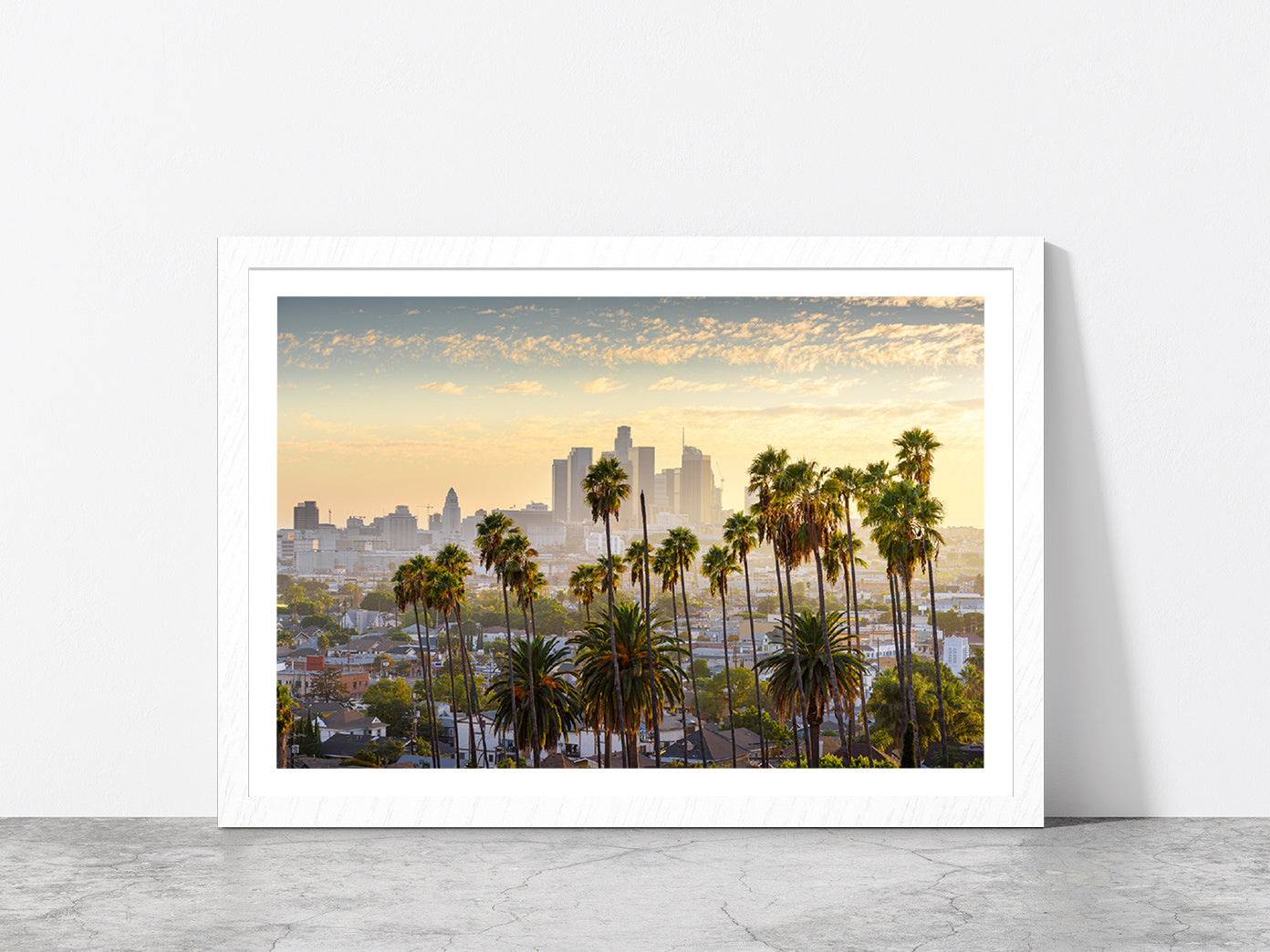 Downtown Los Angeles At Sunset Glass Framed Wall Art, Ready to Hang Quality Print With White Border White