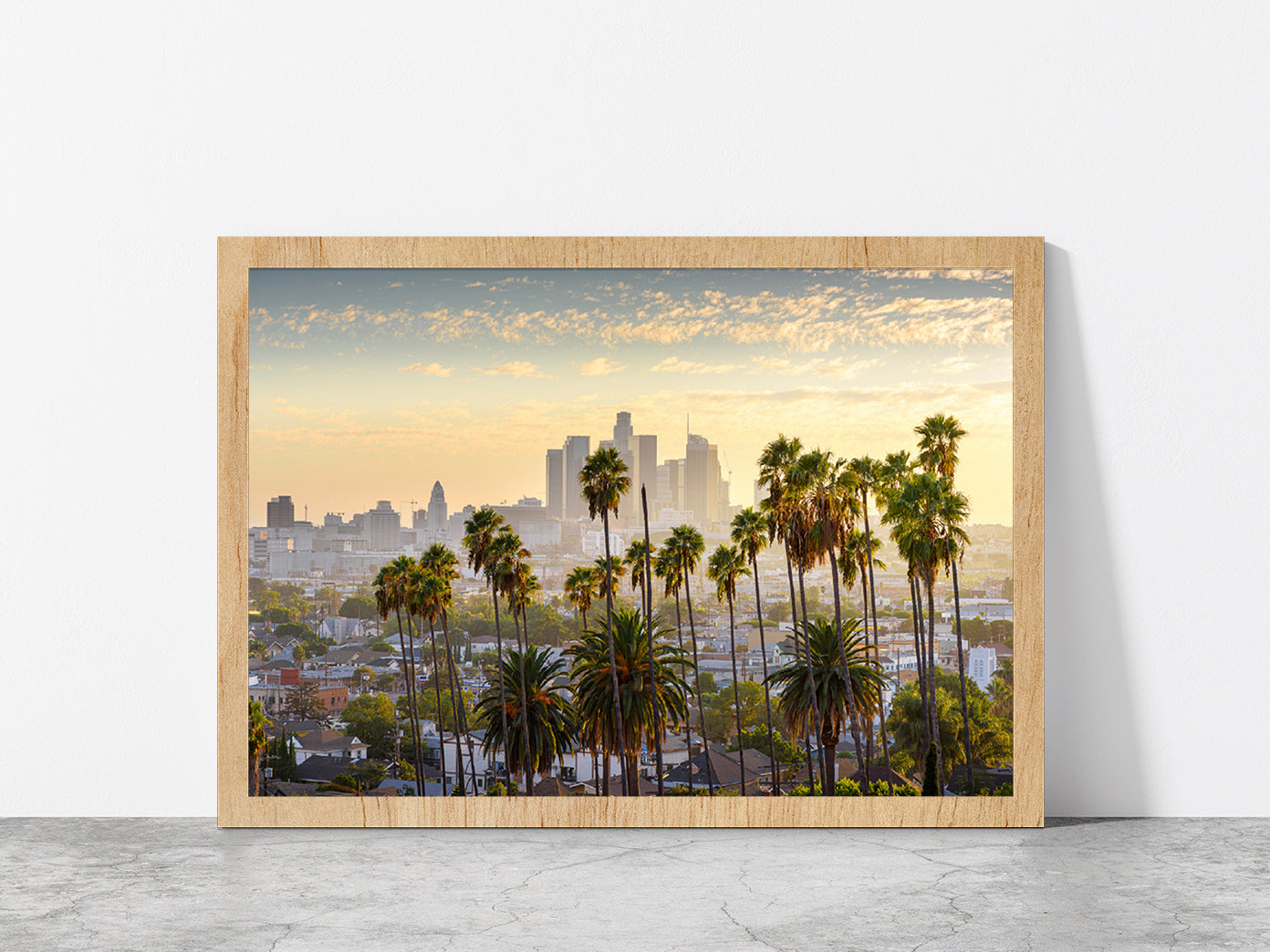 Downtown Los Angeles At Sunset Glass Framed Wall Art, Ready to Hang Quality Print Without White Border Oak