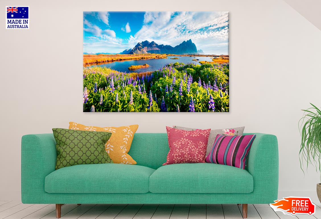 Iceland & Field Of Lupine Flowers Print 100% Australian Made