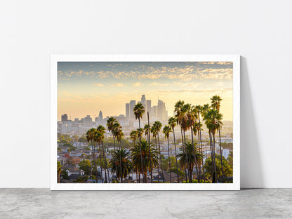 Downtown Los Angeles At Sunset Glass Framed Wall Art, Ready to Hang Quality Print Without White Border White