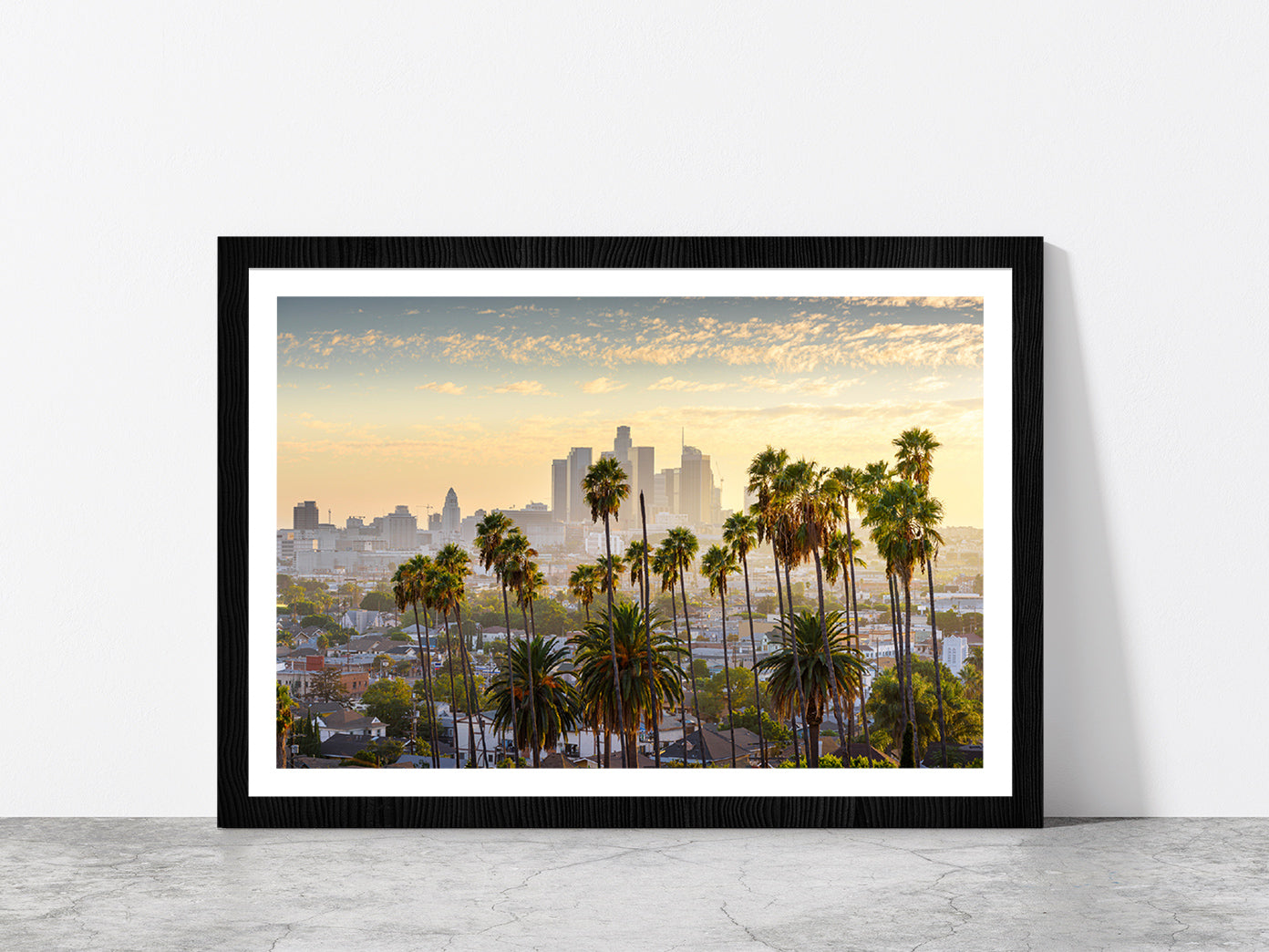 Downtown Los Angeles At Sunset Glass Framed Wall Art, Ready to Hang Quality Print With White Border Black