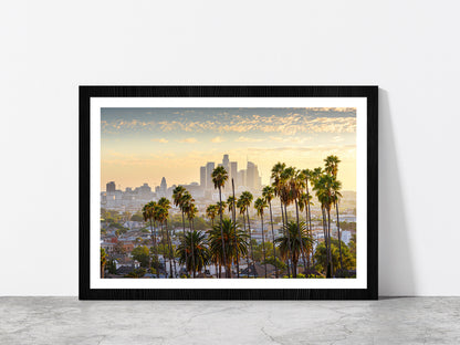 Downtown Los Angeles At Sunset Glass Framed Wall Art, Ready to Hang Quality Print With White Border Black