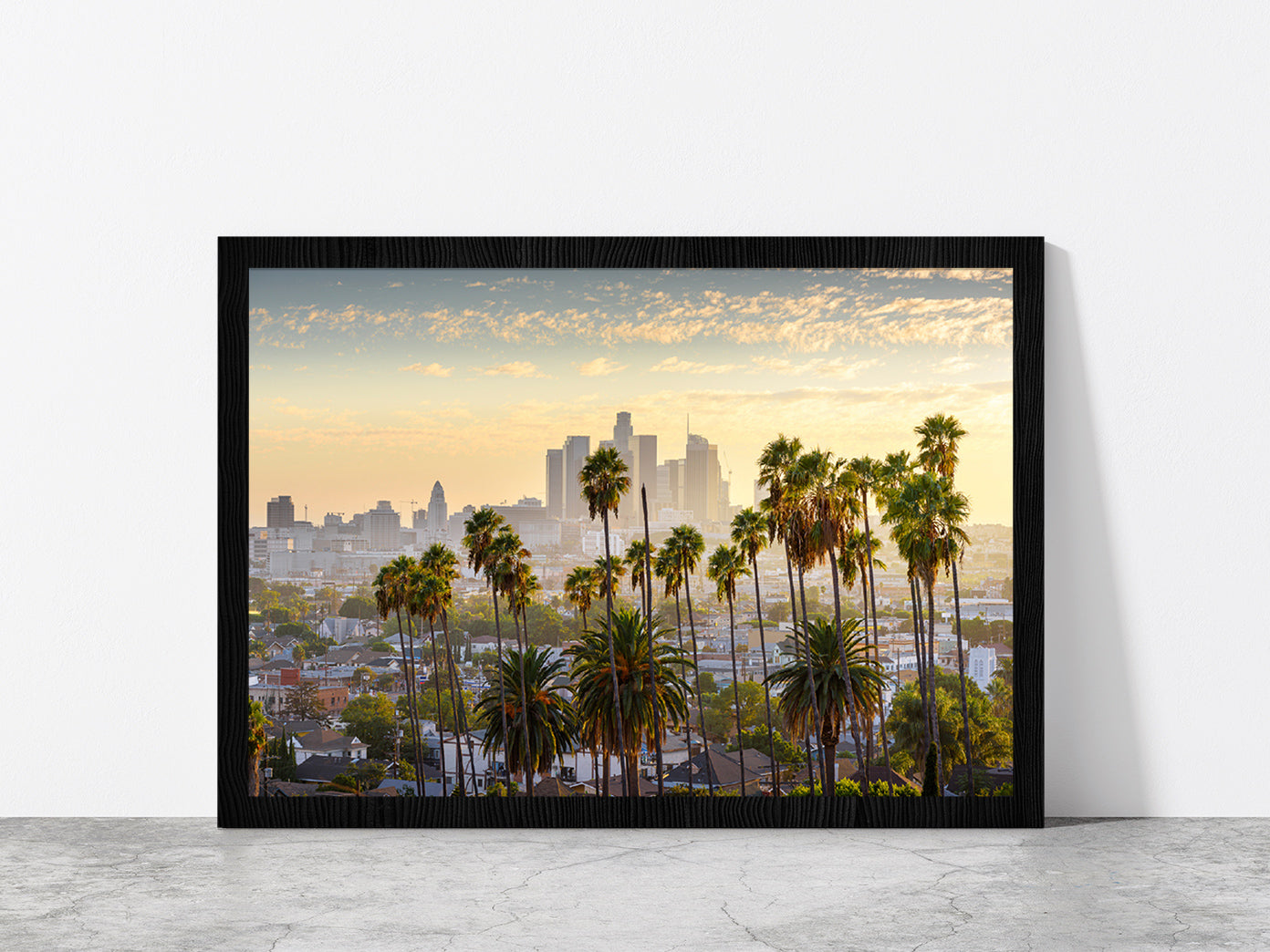 Downtown Los Angeles At Sunset Glass Framed Wall Art, Ready to Hang Quality Print Without White Border Black