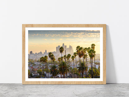 Downtown Los Angeles At Sunset Glass Framed Wall Art, Ready to Hang Quality Print With White Border Oak