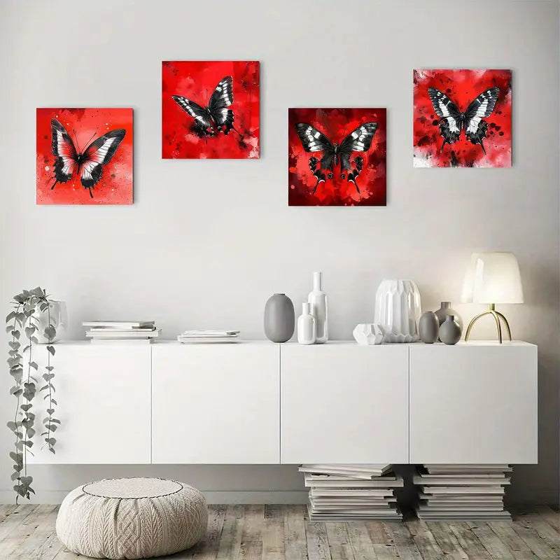 4pcs Vibrant Red & Black Butterfly Designs Wall Art Canvas Framed