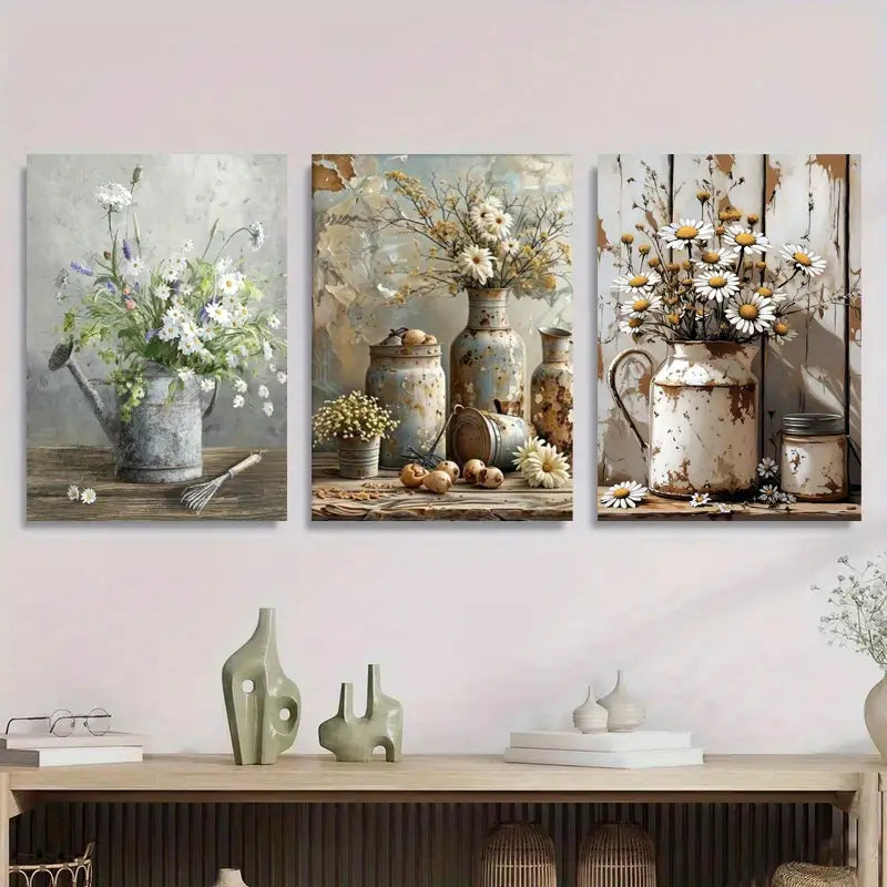3pcs Rustic Daisy Flower Vintage Style Floral Metal Print Ready to Hang Art