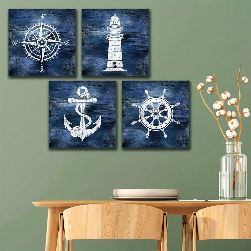 4pcs Boat Anchor,Compass & Lighthouse In Navy B Wall Art Canvas Framed