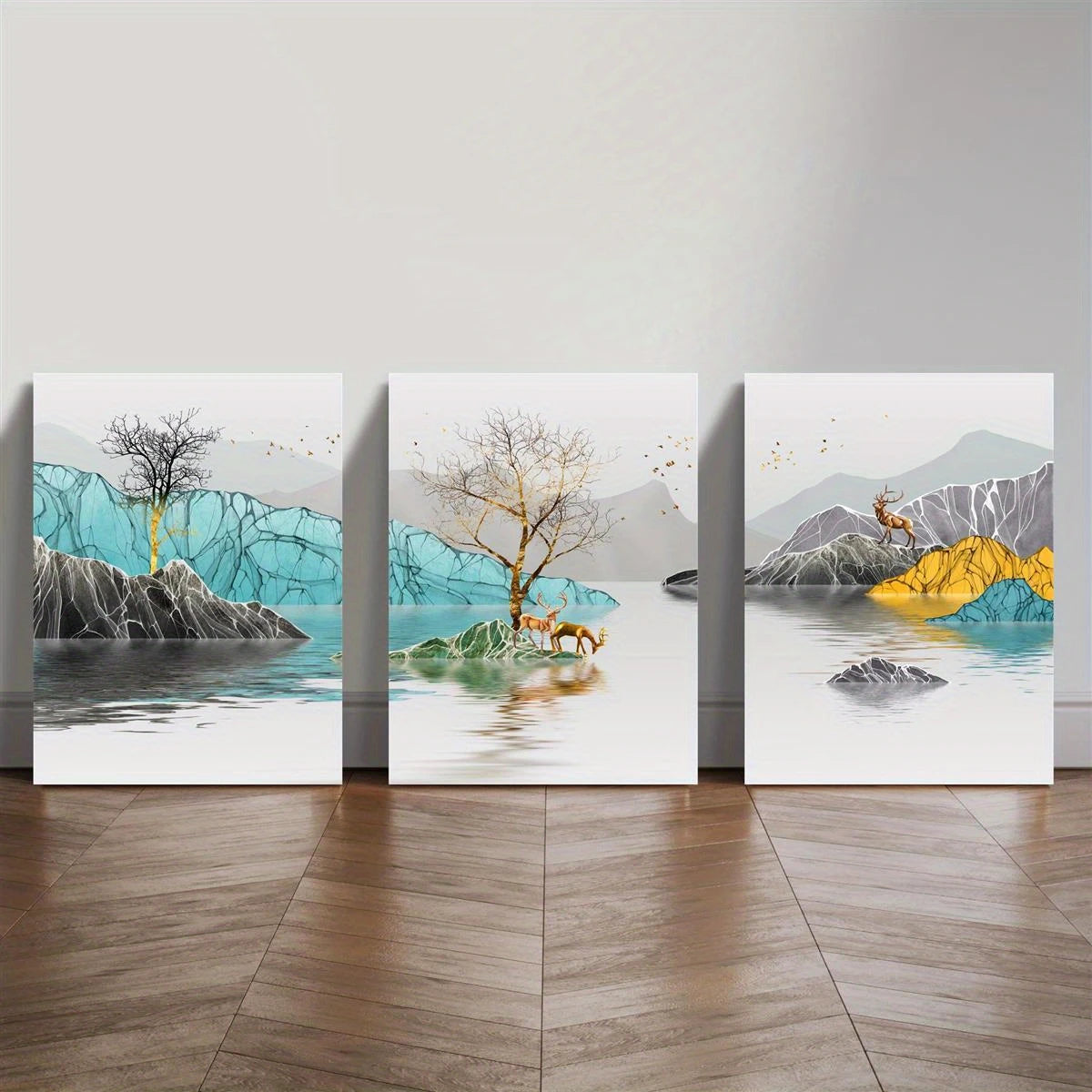 3pcs Serene Lake & Elk Watercolor Scenes Classic Design Metal Print Ready to Hang Art