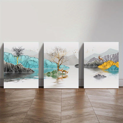 3pcs Serene Lake & Elk Watercolor Scenes Classic Design Metal Print Ready to Hang Art