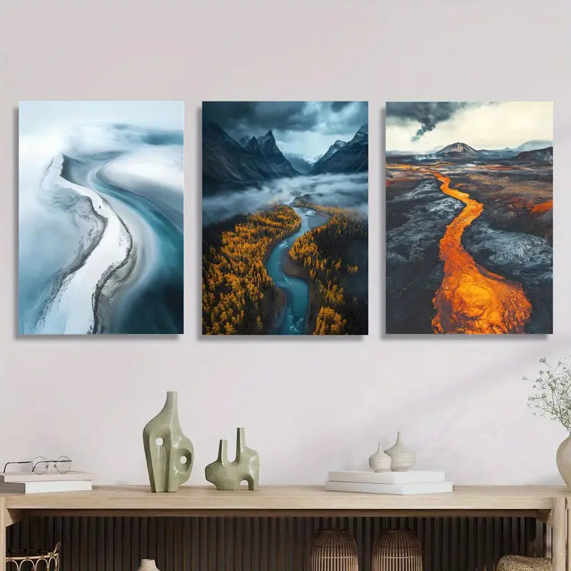 3pcs Glacier, Volcano & Lava Flow Triptych Metal Print Ready to Hang Art