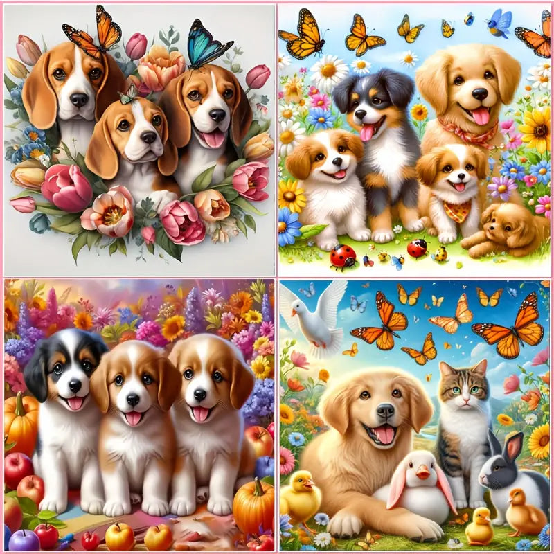 4pcs Dog Family With Butterfluy Wall Art Canvas Framed