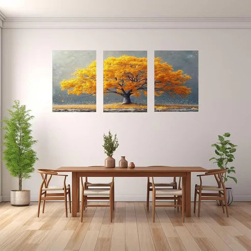 3pcs Modern Yellow Tree Meadow Painting Wall Art Set Canvas Framed 50x70cm - High Quality Print 100% Australian Made Wall Canvas Ready to Hang
