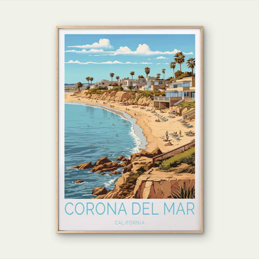 Corona Del Mar California Beach & Palms Travel Poster Print Wall Art