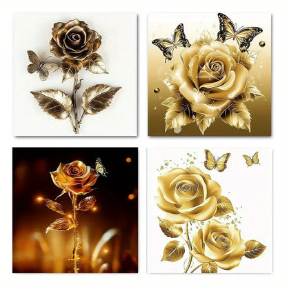 4pcs  Elegant Golden Rose & Butterfly Wall Art Canvas Framed