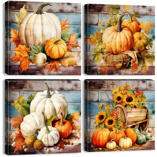 4pcs Autumn Maple Leaves, Sunflower & Vintage Wall Art Canvas Framed