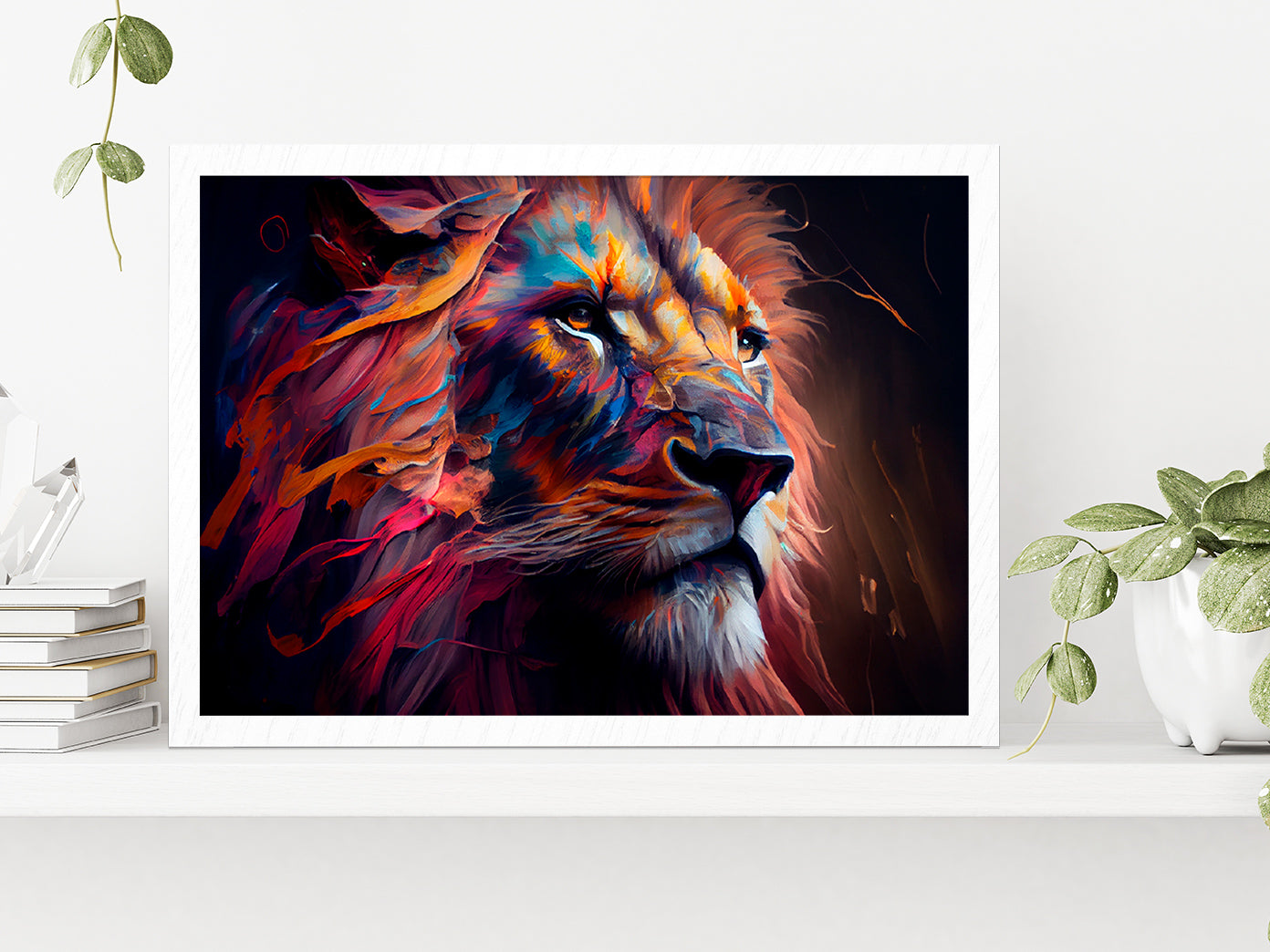 Lion Colorful Oil Painting Glass Framed Wall Art, Ready to Hang Quality Print Without White Border White