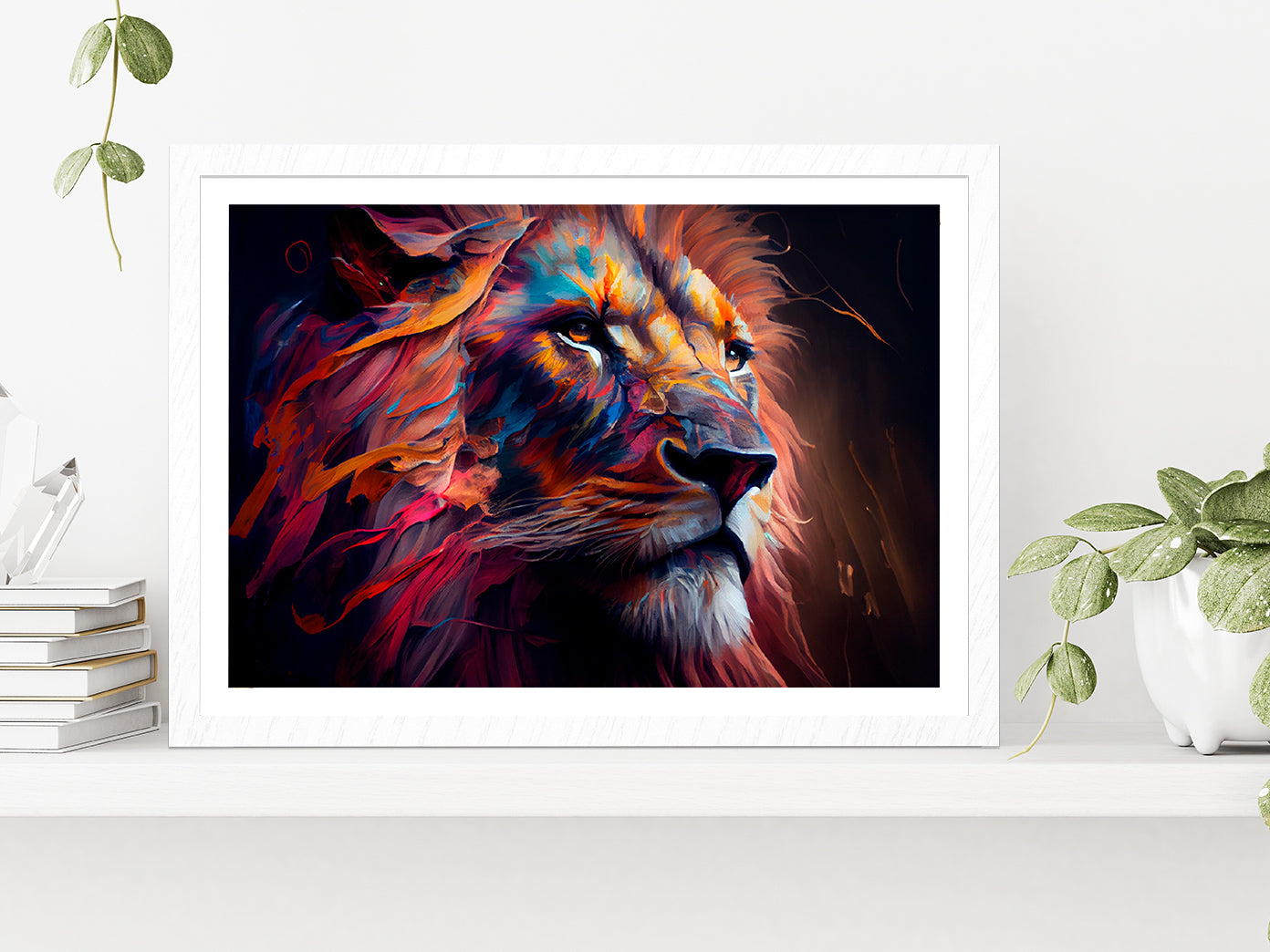 Lion Colorful Oil Painting Glass Framed Wall Art, Ready to Hang Quality Print With White Border White