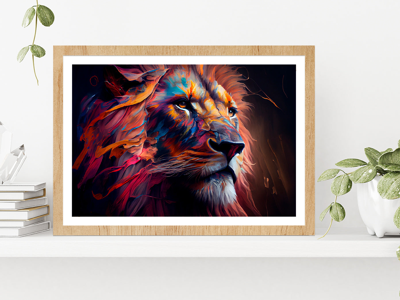 Lion Colorful Oil Painting Glass Framed Wall Art, Ready to Hang Quality Print With White Border Oak