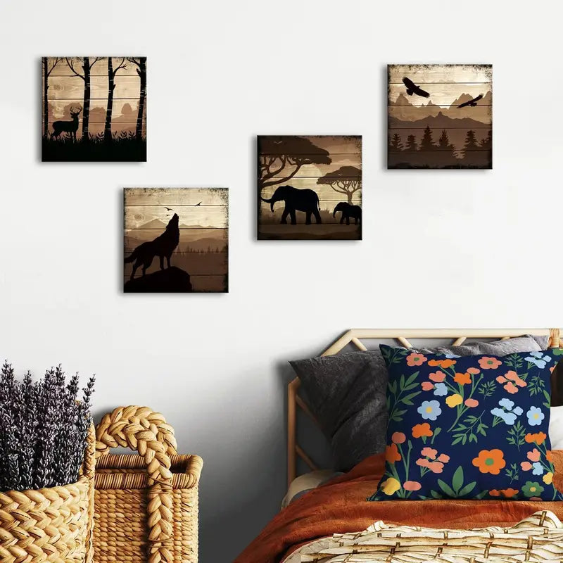 4pcs  Deer Wolf Elephant Canvas Pictures Forest  Wall Art Canvas Framed