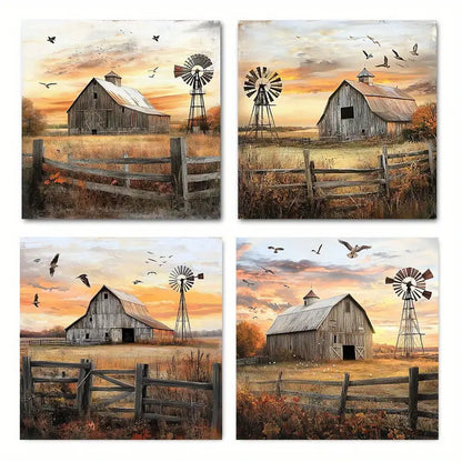 4pcs Rustic Countryside Decor with Autumn Hues Wall Art Canvas Framed
