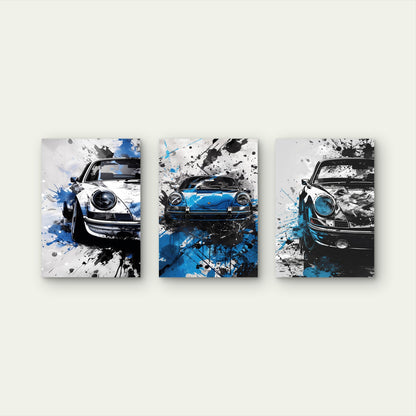3pcs Blue And Black Sports Car Splatter Art Wall Art Set Canvas Framed 50x70cm - High Quality Print 100% Australian Made Wall Canvas Ready to Hang